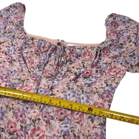 ASTR the Label Bow Tie Ruffle Midi Dress SZ M Pink Purple Floral Milkmaid - Picture 8 of 14